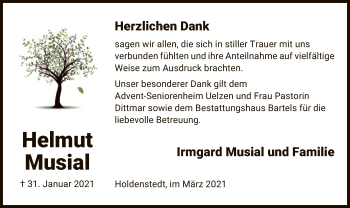 Traueranzeige von Helmut Musial von UEL