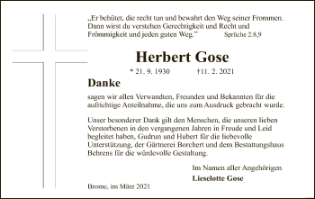 Traueranzeige von Herbert Gose von UEL