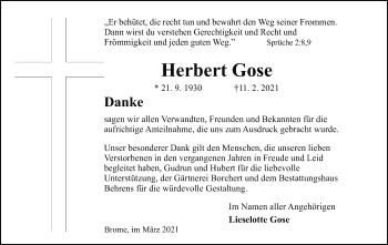 Traueranzeige von Herbert Gose von UEL