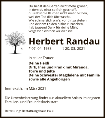 Traueranzeige von Herbert Randau von UEL