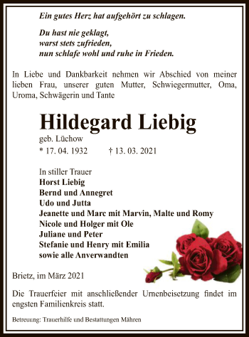 Traueranzeige von Hildegard Liebig von UEL