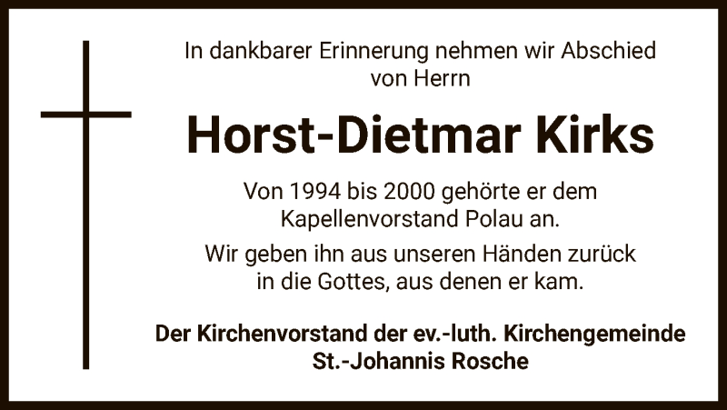  Traueranzeige für Horst-Dietmar Kirks vom 13.03.2021 aus UEL