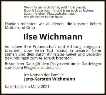 Traueranzeige von Ilse Wichmann von UEL