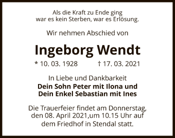 Traueranzeige von Ingeborg Wendt von UEL