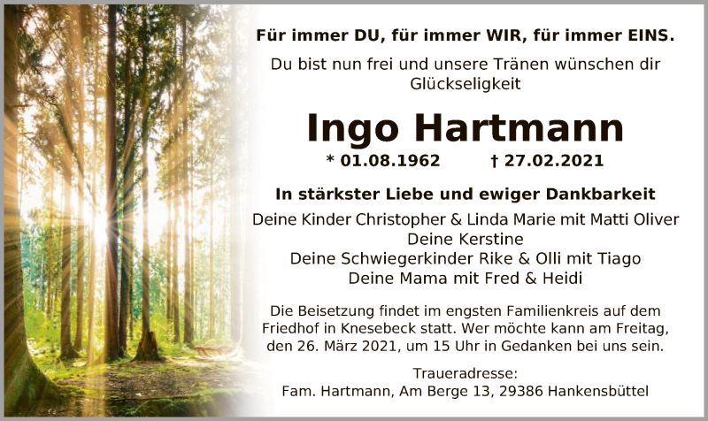  Traueranzeige für Ingo Hartmann vom 04.03.2021 aus UEL