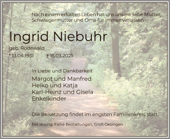 Traueranzeige von Ingrid Niebuhr von UEL