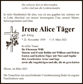 Traueranzeige von Irene Alice Täger von UEL