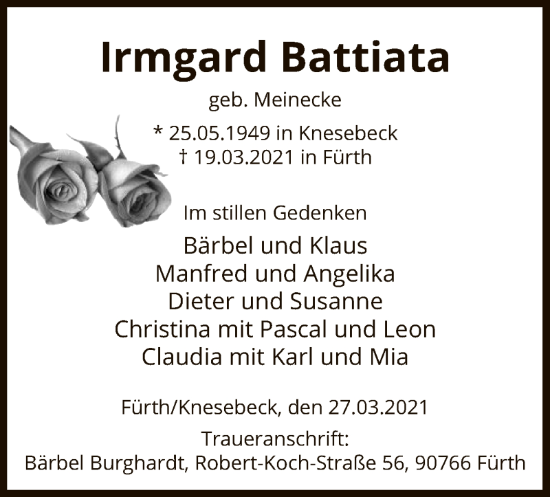  Traueranzeige für Irmgard Battiata vom 27.03.2021 aus UEL