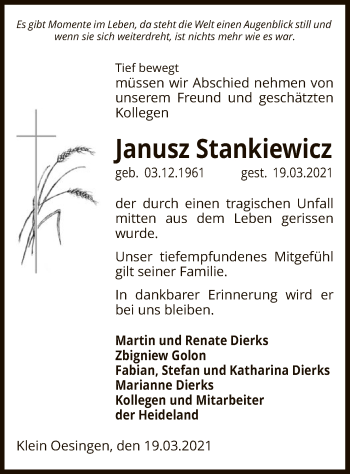 Traueranzeige von Janusz Stankiewicz von UEL