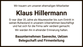 Traueranzeige von Klaus Hillermann von UEL