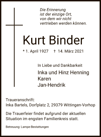 Traueranzeige von Kurt Binder von UEL