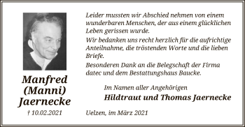 Traueranzeige von Manfred Jaernecke von UEL