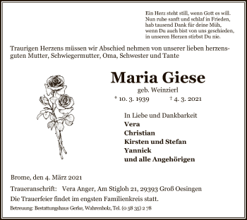 Traueranzeige von Maria Giese von UEL