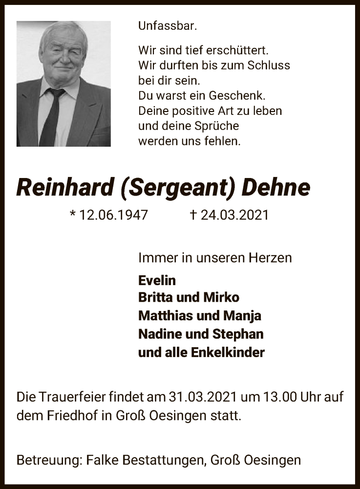  Traueranzeige für Reinhard Dehne vom 29.03.2021 aus UEL