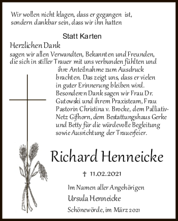 Traueranzeige von Richard Henneicke von UEL