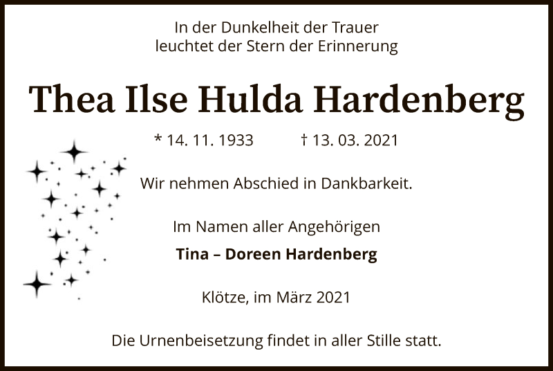  Traueranzeige für Thea Ilse Hulda Hardenberg vom 20.03.2021 aus UEL