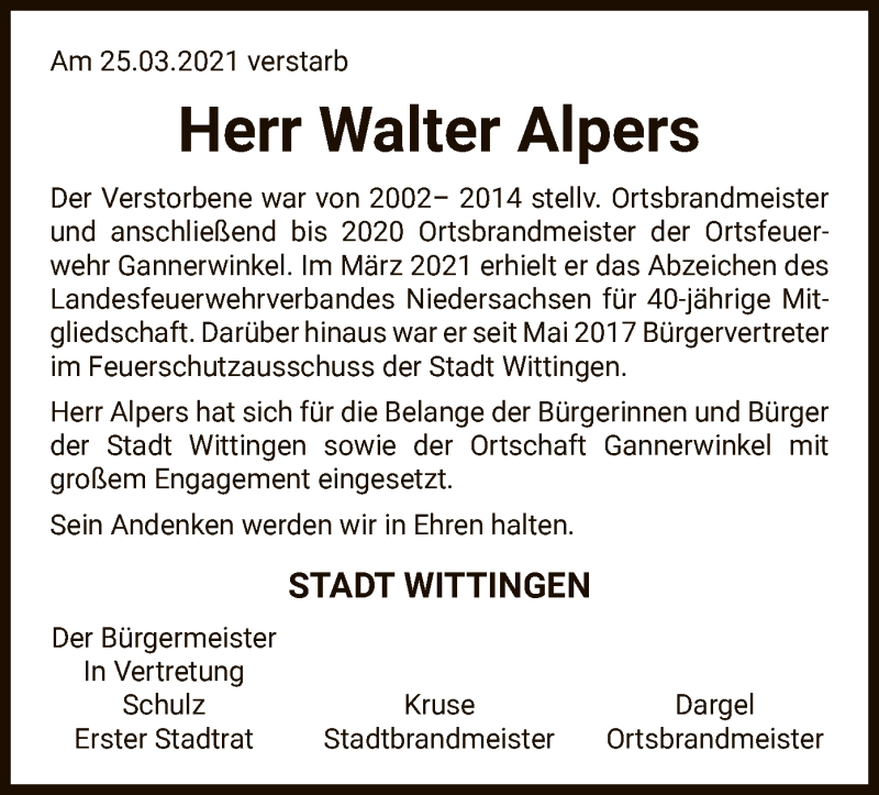  Traueranzeige für Walter Alpers vom 31.03.2021 aus UEL