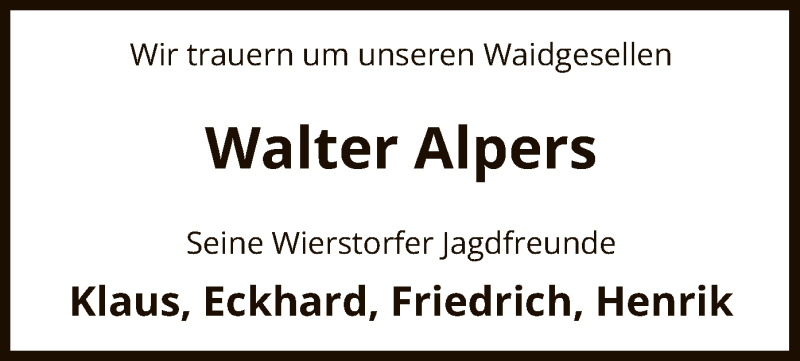  Traueranzeige für Walter Alpers vom 30.03.2021 aus UEL