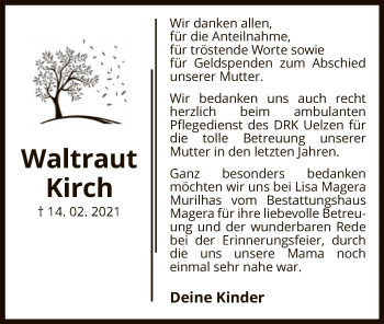 Traueranzeige von Waltraut Kirch von UEL