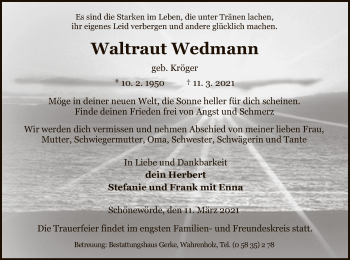 Traueranzeige von Waltraut Wedmann von UEL