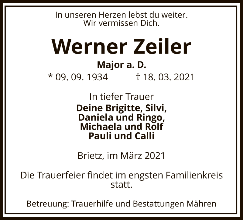  Traueranzeige für Werner Zeiler vom 23.03.2021 aus UEL