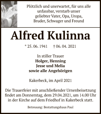 Traueranzeige von Alfred Kulinna von UEL