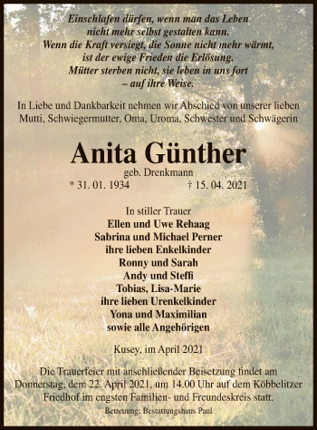 Traueranzeige von Anita Günther von UEL