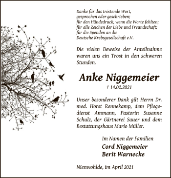 Traueranzeige von Anke Niggemeier von UEL