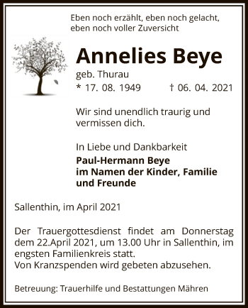 Traueranzeige von Annelies Beye von UEL