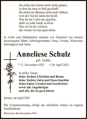 Traueranzeige von Anneliese Schulz von UEL