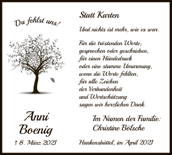 Traueranzeige von Anni Boenig von UEL