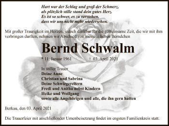 Traueranzeige von Bernd Schwalm von UEL