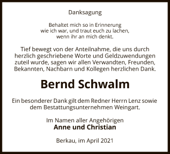 Traueranzeige von Bernd Schwalm von UEL