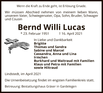 Traueranzeige von Bernd Willi Lucas von UEL