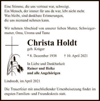 Traueranzeige von Christa Holdt von UEL