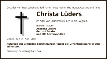 Traueranzeige von Christa Lüders von UEL