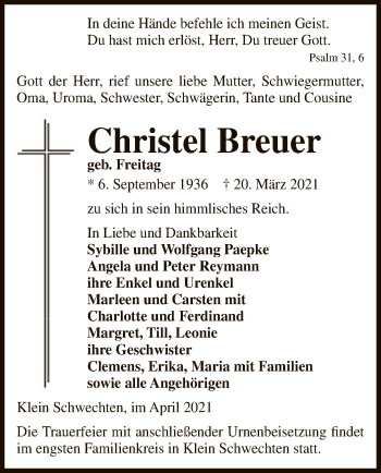 Traueranzeige von Christel Breuer von UEL