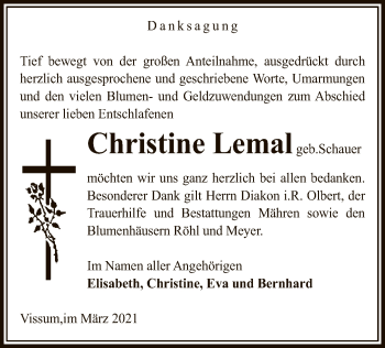 Traueranzeige von Christine Lemal von UEL