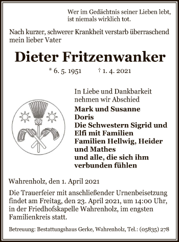 Traueranzeige von Dieter Fritzenwanker von UEL