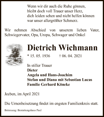 Traueranzeige von Dietrich Wichmann von UEL