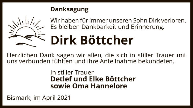 Traueranzeige für Dirk Böttcher vom 14.04.2021 aus UEL