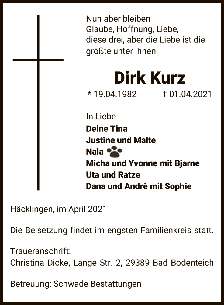  Traueranzeige für Dirk Kurz vom 10.04.2021 aus UEL