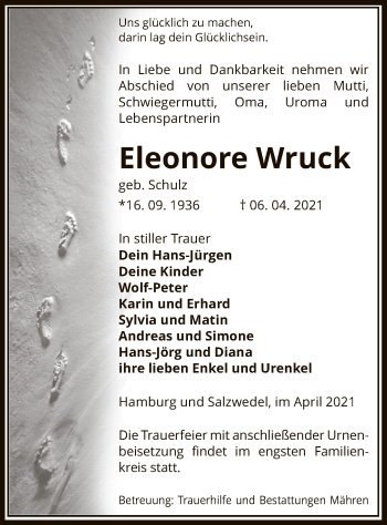 Traueranzeige von Eleonore Wruck von UEL