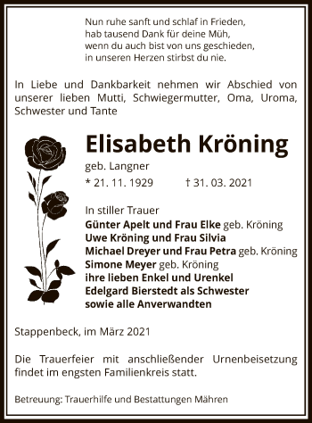 Traueranzeige von Elisabeth Kröning von UEL