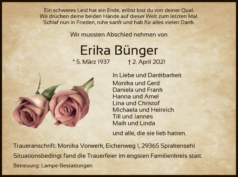  Traueranzeige für Erika Bünger vom 09.04.2021 aus UEL