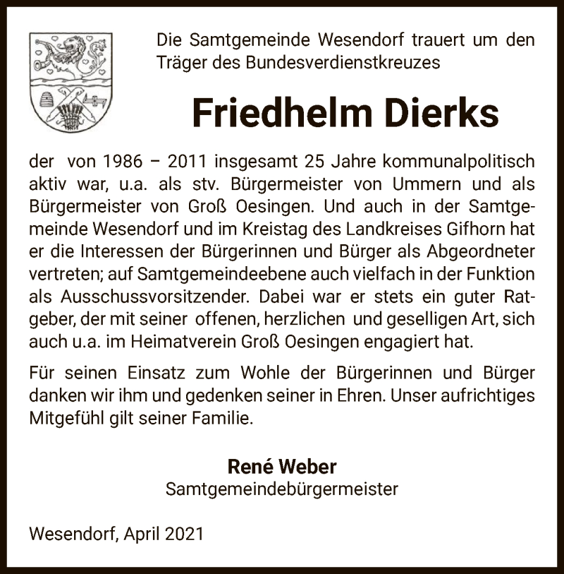  Traueranzeige für Friedhelm Dierks vom 29.04.2021 aus UEL