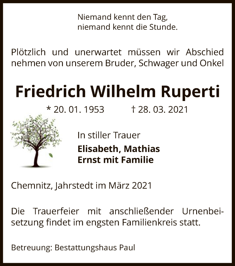  Traueranzeige für Friedrich Wilhelm Ruperti vom 27.04.2021 aus UEL