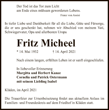 Traueranzeige von Fritz Micheel von UEL