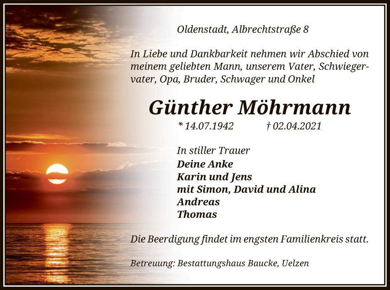  Traueranzeige für Günther Möhrmann vom 10.04.2021 aus UEL