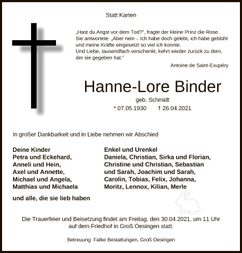 Traueranzeige von Hanne-Lore Binder von UEL